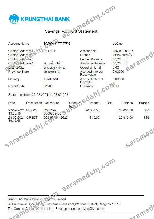Thailand Krungthai bank statement Word and PDF scr